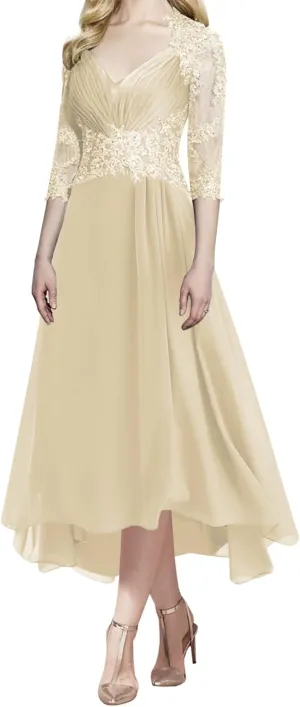Lace Mother of The Bride Dresses Tea Length Formal Evening Gown 3/4 Sleeve Chiffon Wedding Guest Dresses for Women