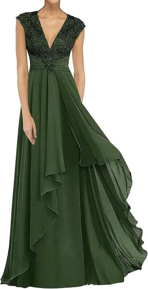 Lace Sleeveless Mother of The Bride Dresses for Wedding Long V Neck Chiffon Wedding Guest Dresses for Women