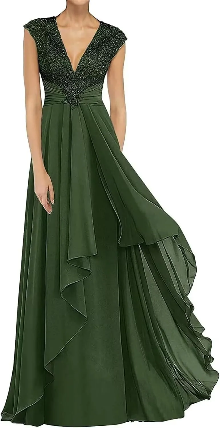 Lace Sleeveless Mother of The Bride Dresses for Wedding Long V Neck Chiffon Wedding Guest Dresses for Women