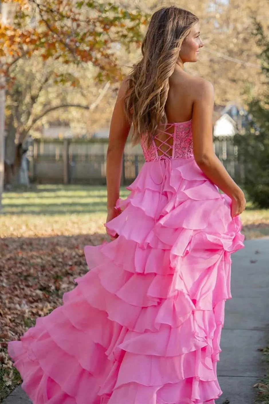 Lace Strapless Ruffles Sweetheart Prom Dresses 2025 for Women Chiffon Tiered Long Formal Evening Gown with Slit MA13