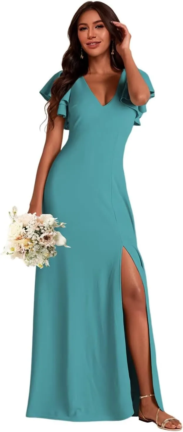 Lace Up Back Bridesmaid Dresses for Women 2025 Futtler Sleeves Split Chiffon Evening Dress AD116