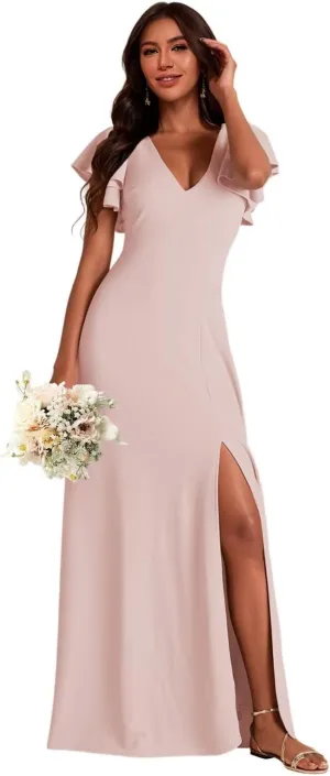 Lace Up Back Bridesmaid Dresses for Women 2025 Futtler Sleeves Split Chiffon Evening Dress AD116