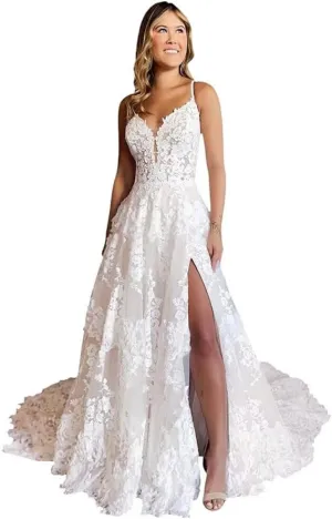 Laces Appliques Wedding Dresses for Bride Long V Neck Women's Wedding Bridal Dress with Sleeveless Bridal Gowns