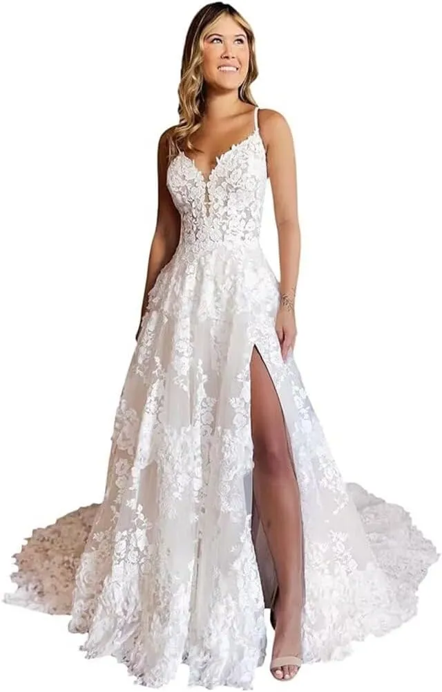 Laces Appliques Wedding Dresses for Bride Long V Neck Women's Wedding Bridal Dress with Sleeveless Bridal Gowns