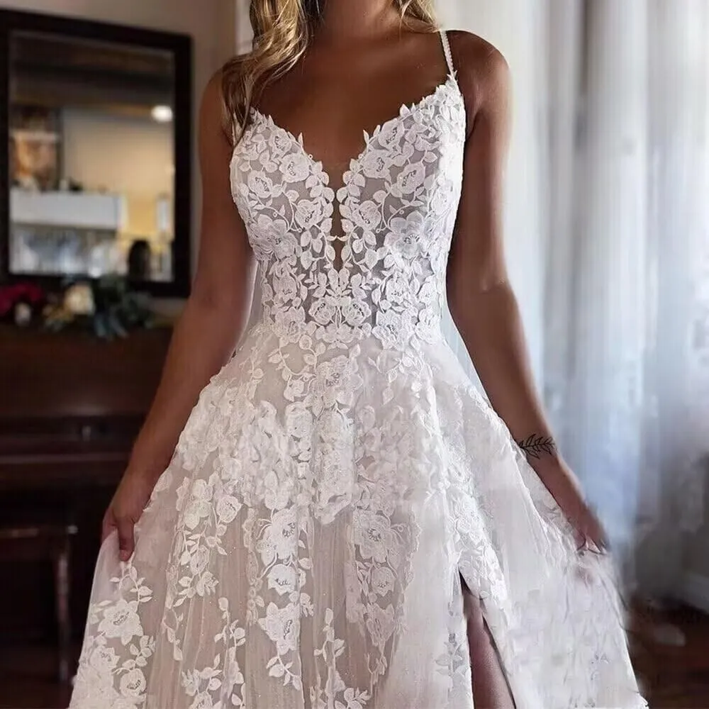 Laces Appliques Wedding Dresses for Bride Long V Neck Women's Wedding Bridal Dress with Sleeveless Bridal Gowns