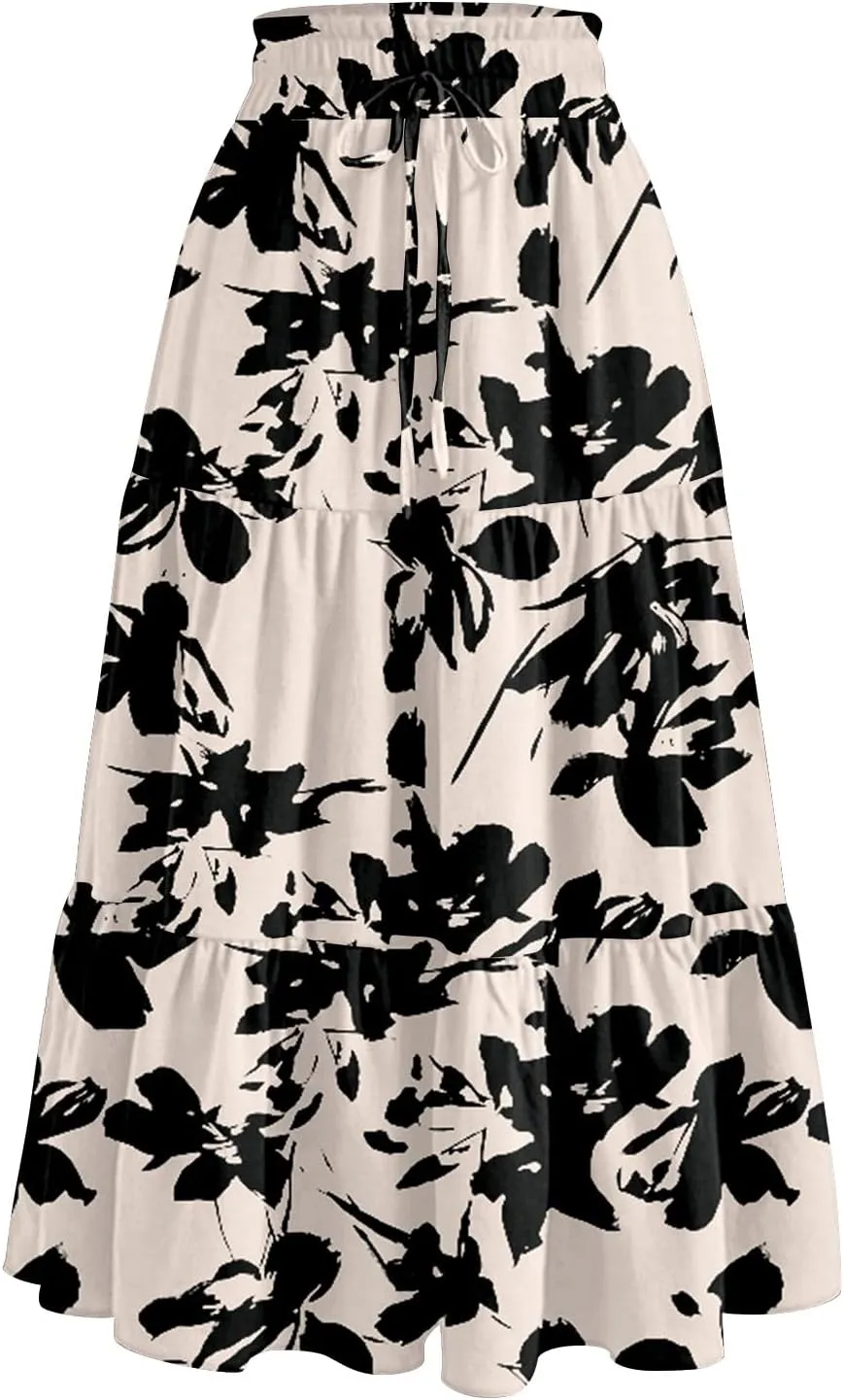 Ladies Skirts High Waist Flowy A-Line Maxi Skirt Long Bohemian Skirt Summer