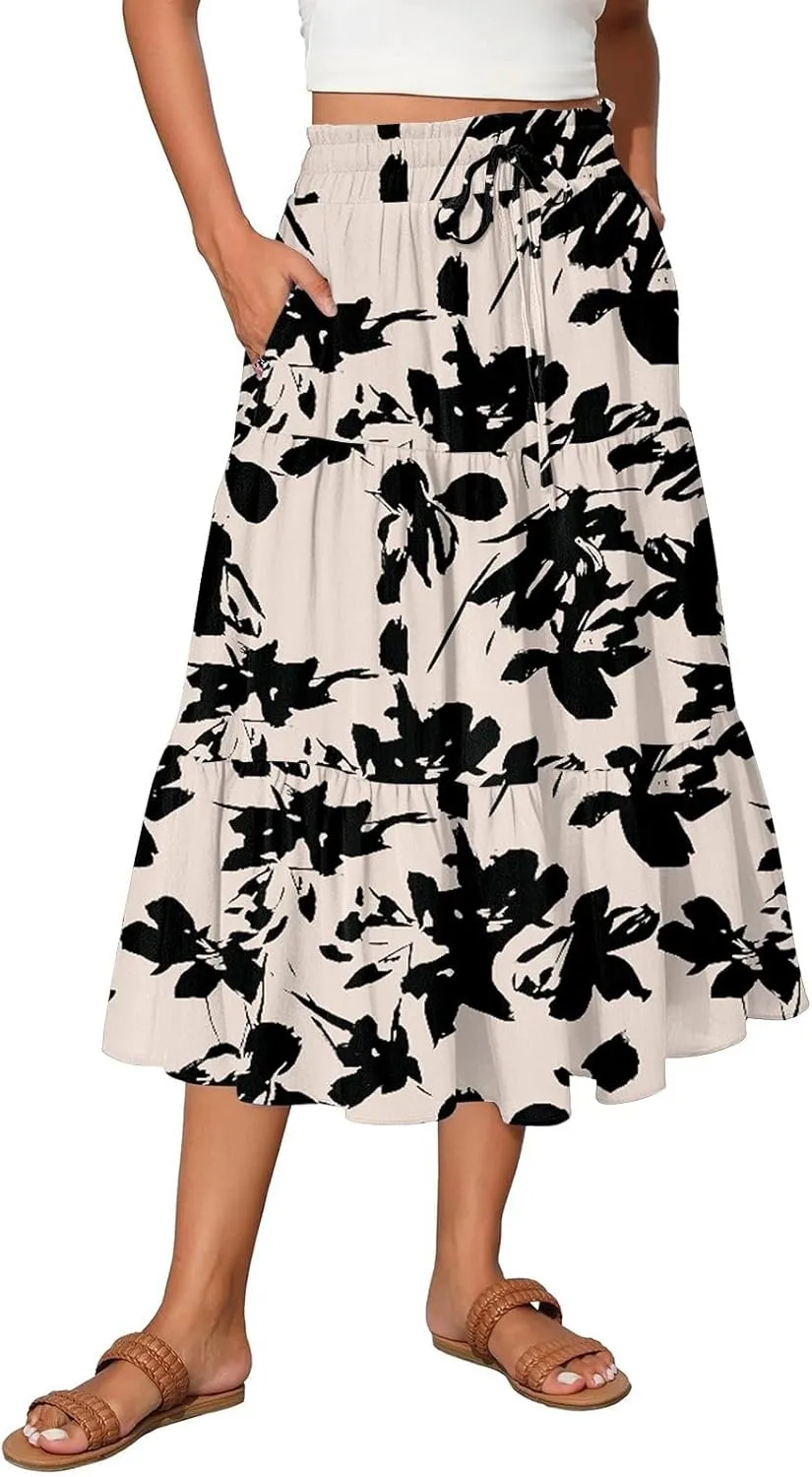 Ladies Skirts High Waist Flowy A-Line Maxi Skirt Long Bohemian Skirt Summer