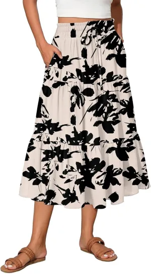 Ladies Skirts High Waist Flowy A-Line Maxi Skirt Long Bohemian Skirt Summer