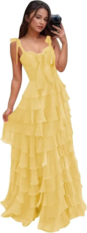 Layered Tiered Prom Dresses 2025 with Bow Spaghetti Straps Evening Gown for Women Formal Chiffon Long Ball Gown
