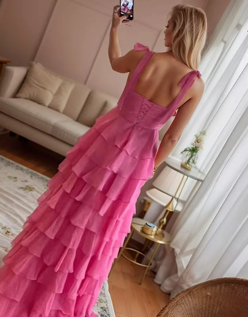 Layered Tiered Prom Dresses 2025 with Bow Spaghetti Straps Evening Gown for Women Formal Chiffon Long Ball Gown
