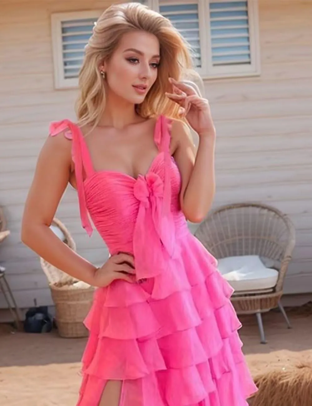 Layered Tiered Prom Dresses 2025 with Bow Spaghetti Straps Evening Gown for Women Formal Chiffon Long Ball Gown