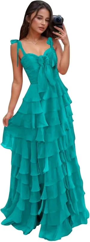 Layered Tiered Prom Dresses 2025 with Bow Spaghetti Straps Evening Gown for Women Formal Chiffon Long Ball Gown