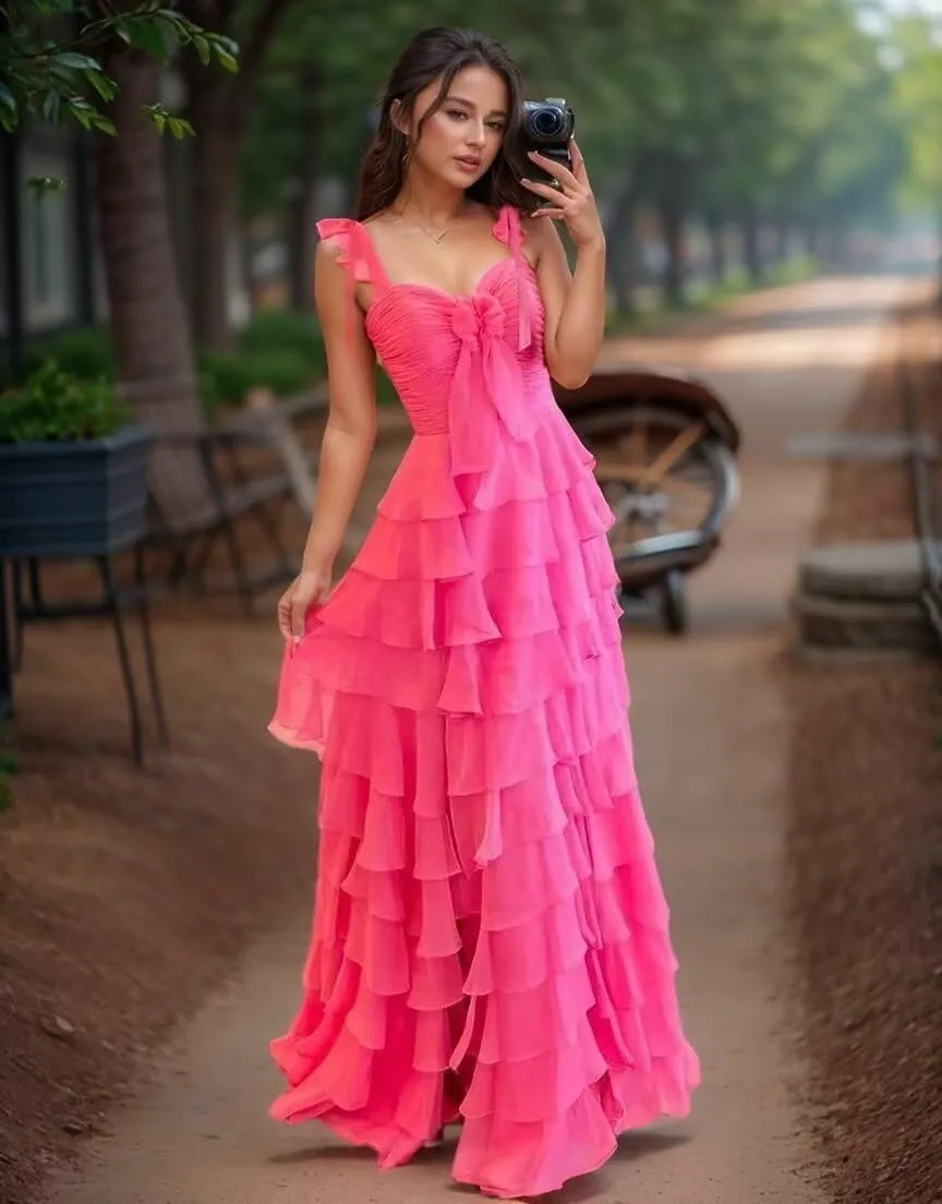 Layered Tiered Prom Dresses 2025 with Bow Spaghetti Straps Evening Gown for Women Formal Chiffon Long Ball Gown