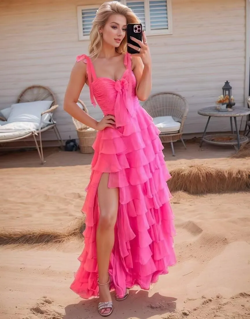 Layered Tiered Prom Dresses 2025 with Bow Spaghetti Straps Evening Gown for Women Formal Chiffon Long Ball Gown