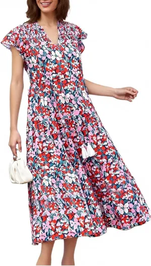 lcyhony Floral Dress for Women Summer Boho V Neck Cap Sleeve Tie Midi Dresses Wrap A Line Casual Beach Sundress with Pockets