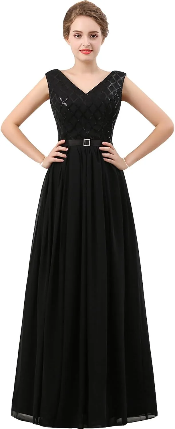 Lemai V Neck Long Sequined Chiffon A Line Corset Prom Evening Dresses