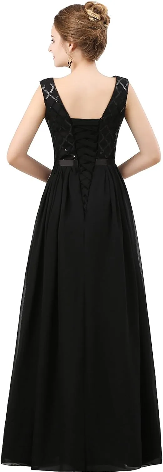 Lemai V Neck Long Sequined Chiffon A Line Corset Prom Evening Dresses