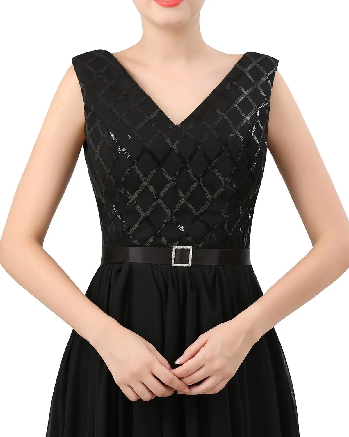 Lemai V Neck Long Sequined Chiffon A Line Corset Prom Evening Dresses