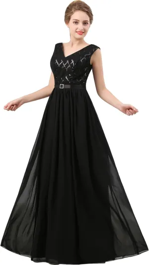 Lemai V Neck Long Sequined Chiffon A Line Corset Prom Evening Dresses