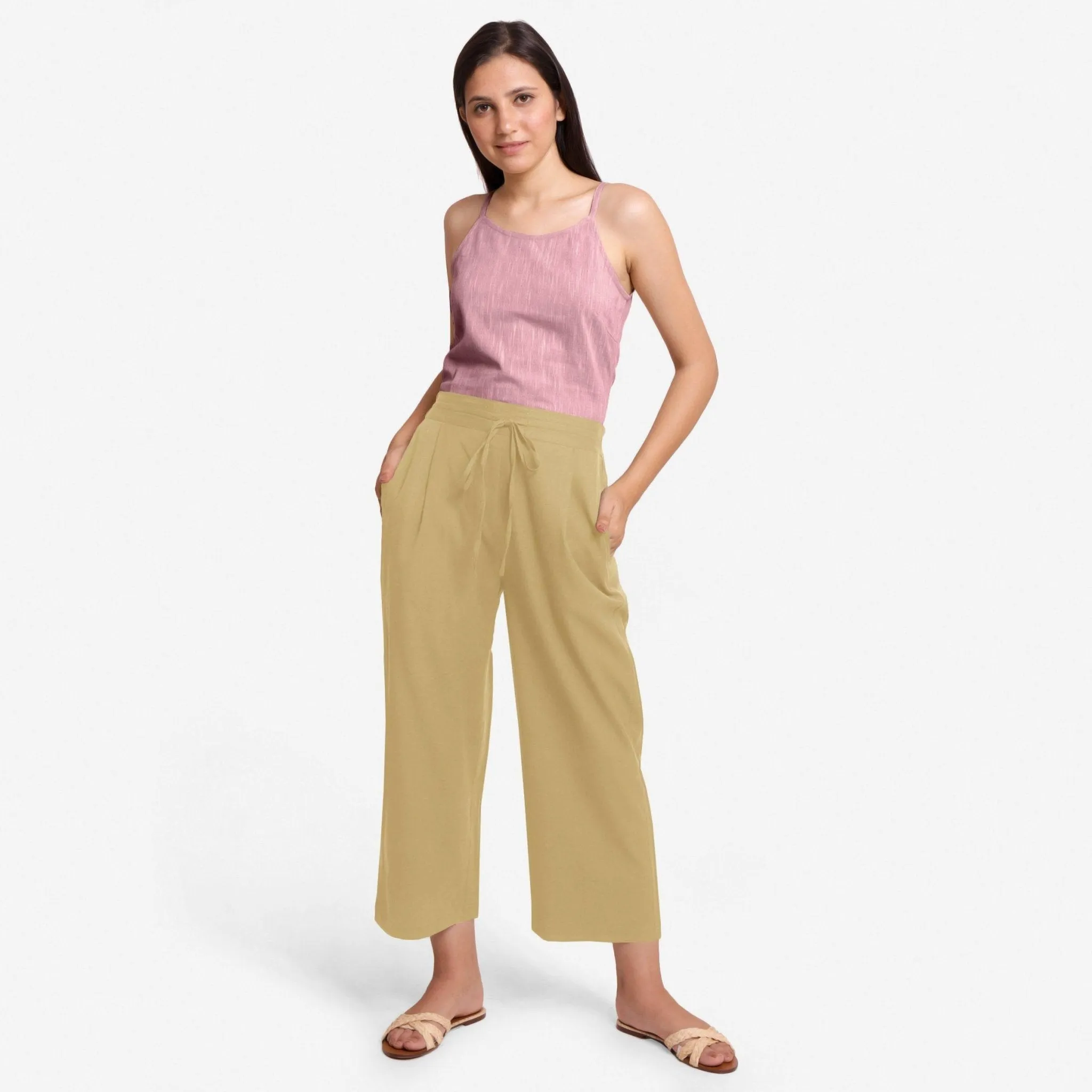Light Khaki Cotton Flax Elasticated Relaxed Fit Wide Legged Pant
