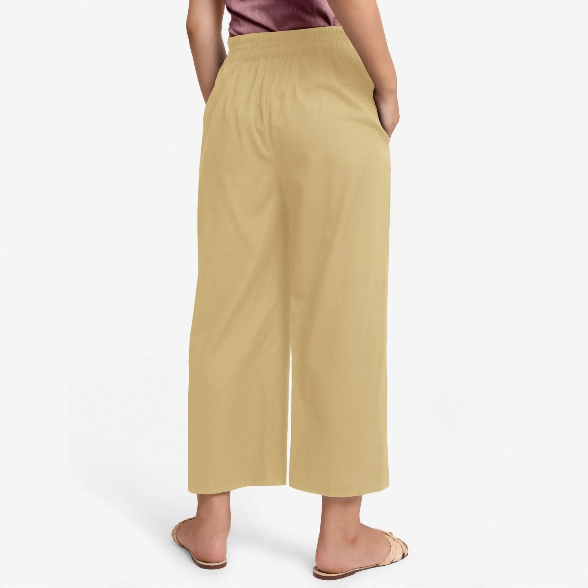Light Khaki Cotton Flax Elasticated Relaxed Fit Wide Legged Pant