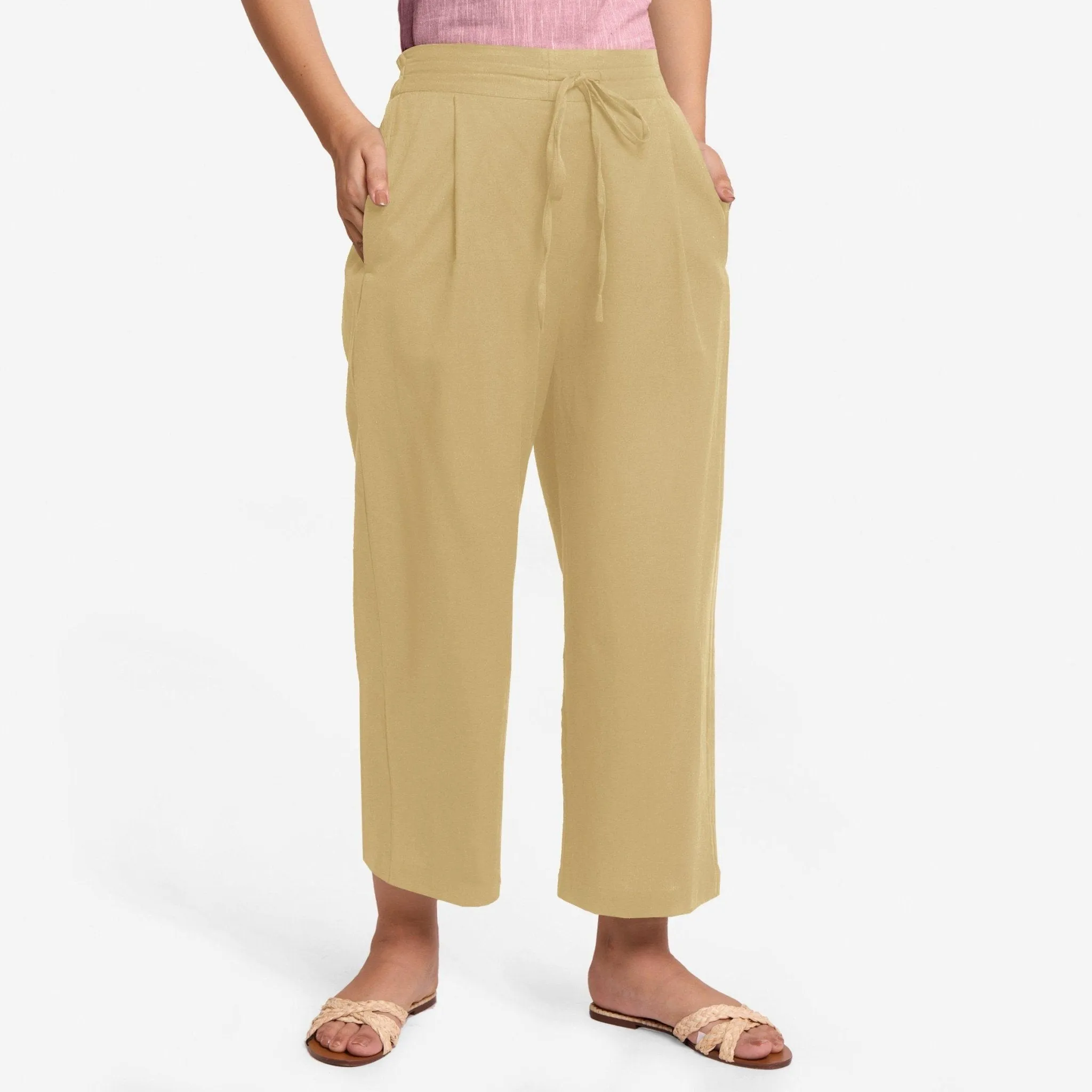 Light Khaki Cotton Flax Elasticated Relaxed Fit Wide Legged Pant