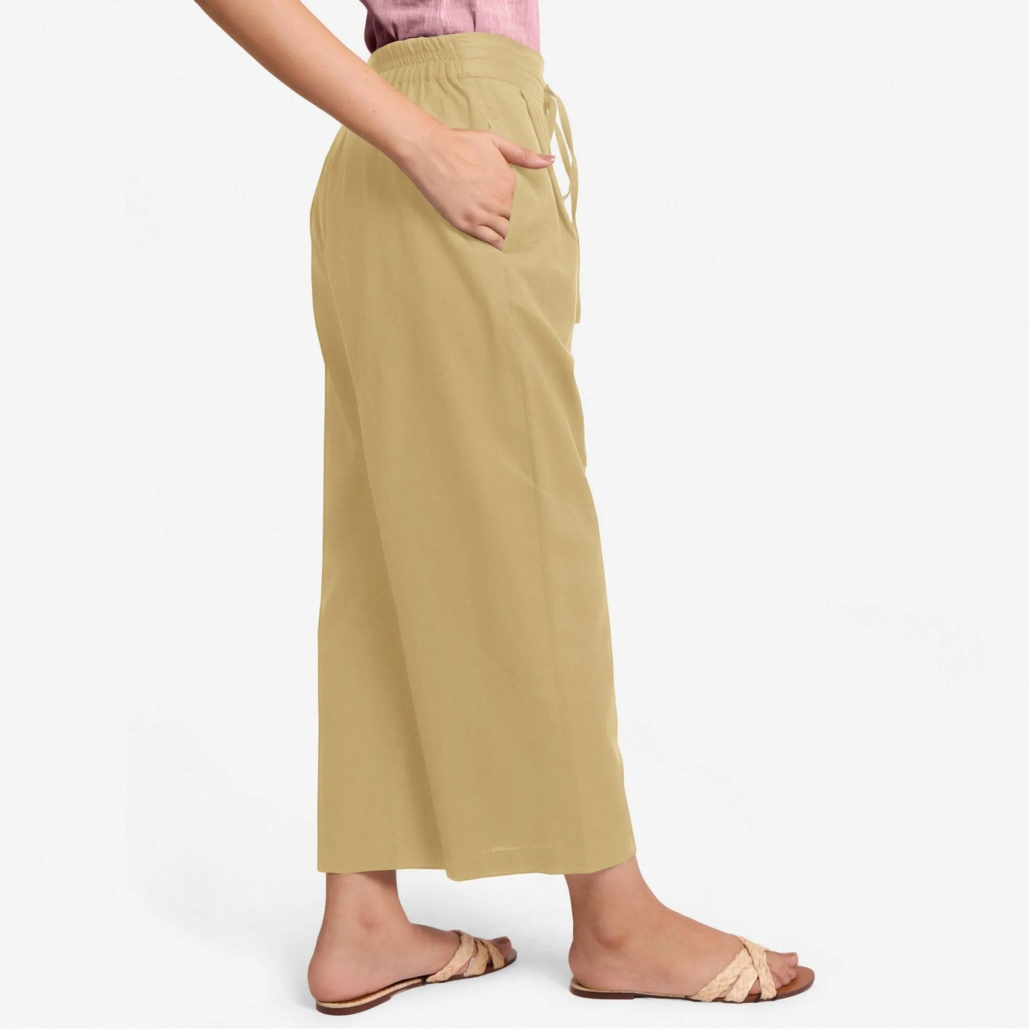 Light Khaki Cotton Flax Elasticated Relaxed Fit Wide Legged Pant