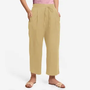 Light Khaki Cotton Flax Elasticated Relaxed Fit Wide Legged Pant