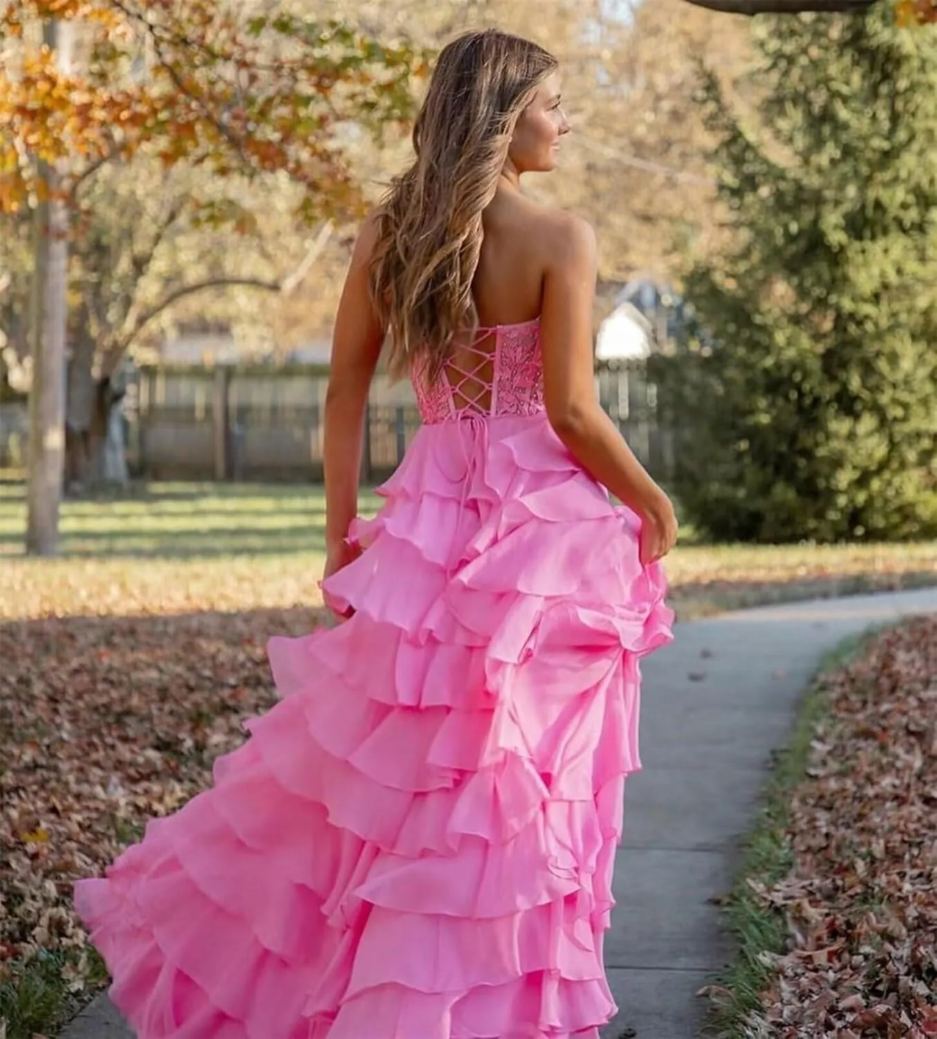 Lindo Noiva Women's Lace Appliques Tiered Prom Dresses 2025 Long Lace Appliques Chiffon Evening Dress with Slit P1213