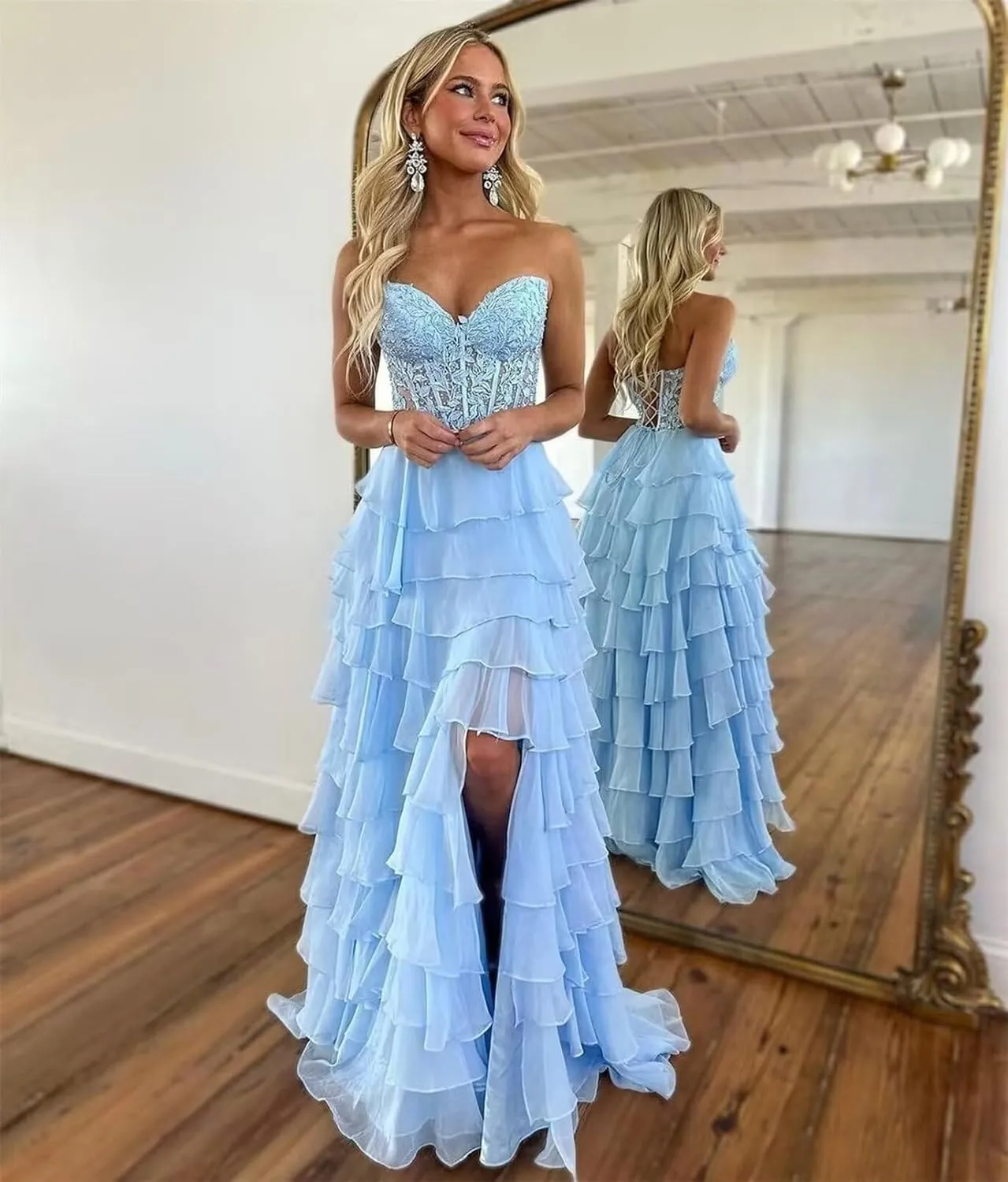 Lindo Noiva Women's Lace Appliques Tiered Prom Dresses 2025 Long Lace Appliques Chiffon Evening Dress with Slit P1213