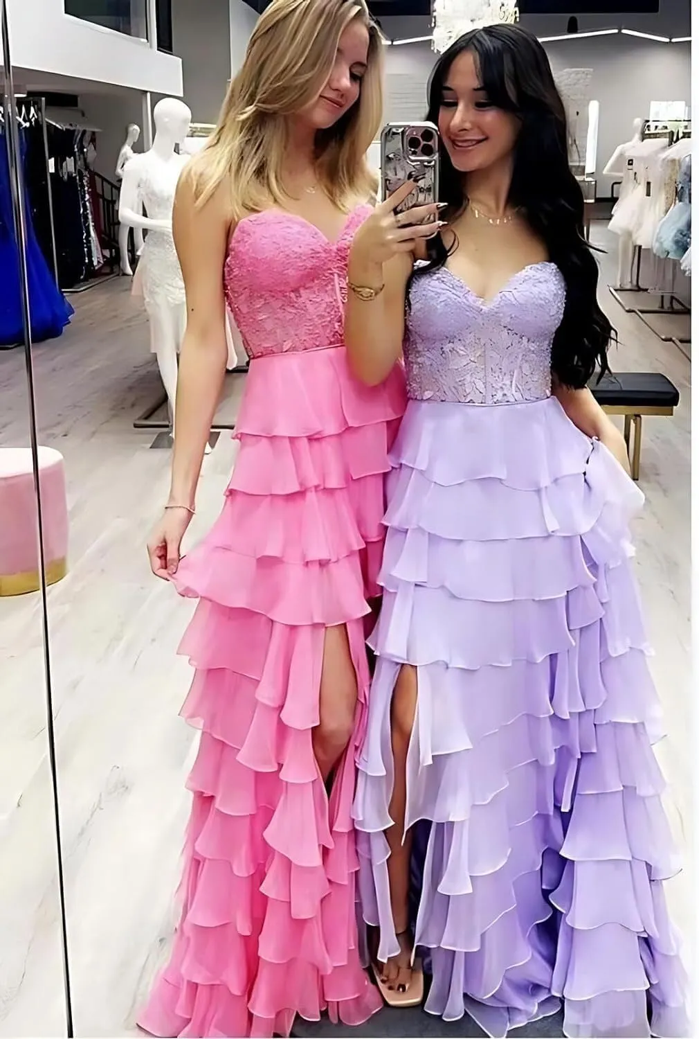 Lindo Noiva Women's Lace Appliques Tiered Prom Dresses 2025 Long Lace Appliques Chiffon Evening Dress with Slit P1213