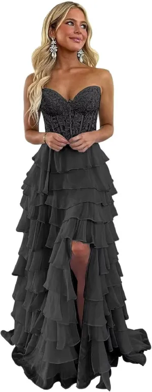 Lindo Noiva Women's Lace Appliques Tiered Prom Dresses 2025 Long Lace Appliques Chiffon Evening Dress with Slit P1213