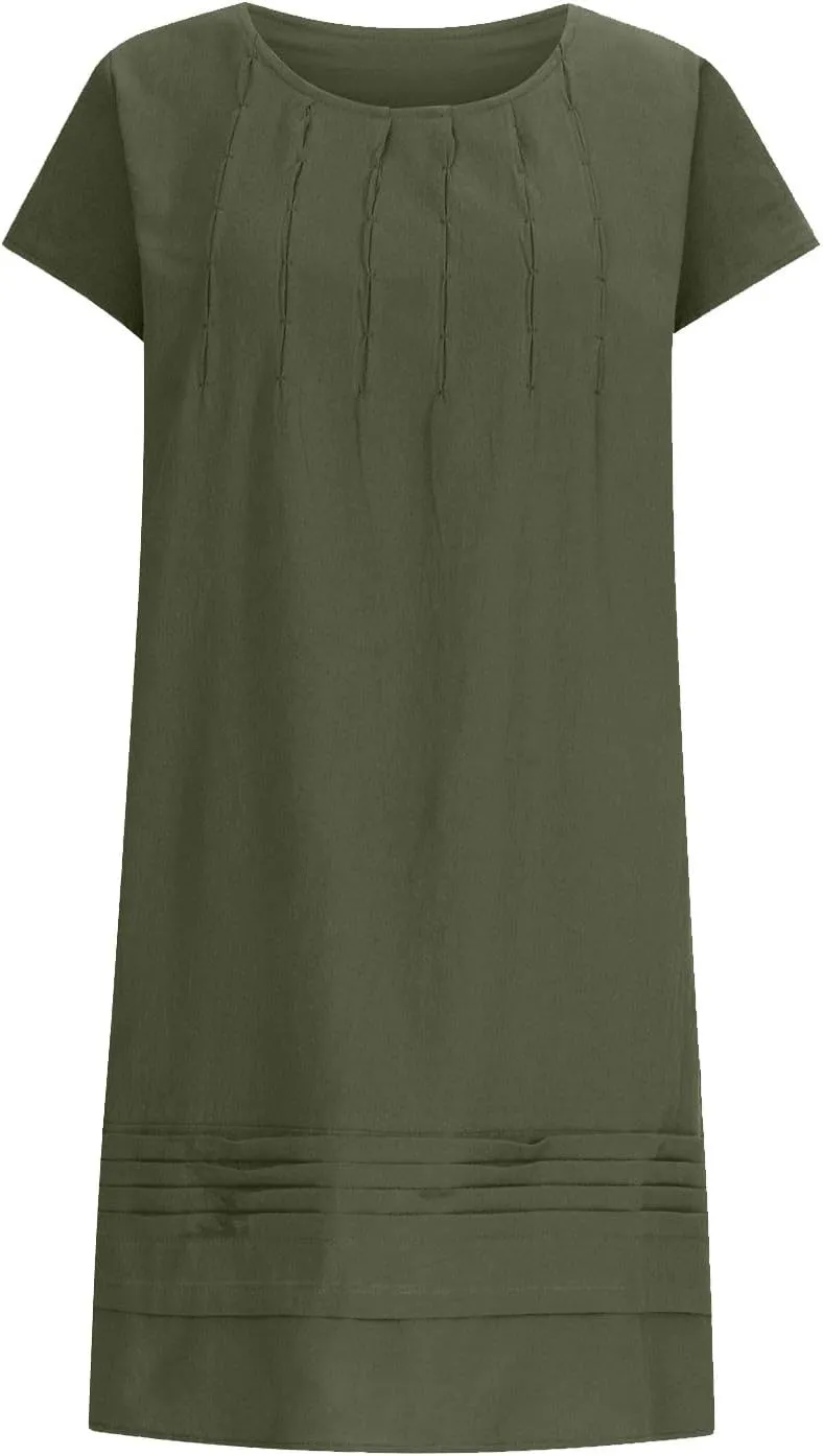 Linen Dress for Women 2024 Pleated Summer Casual Dresses Round Neck Short Sleeve Beach Sundress Vacation Mini Dress