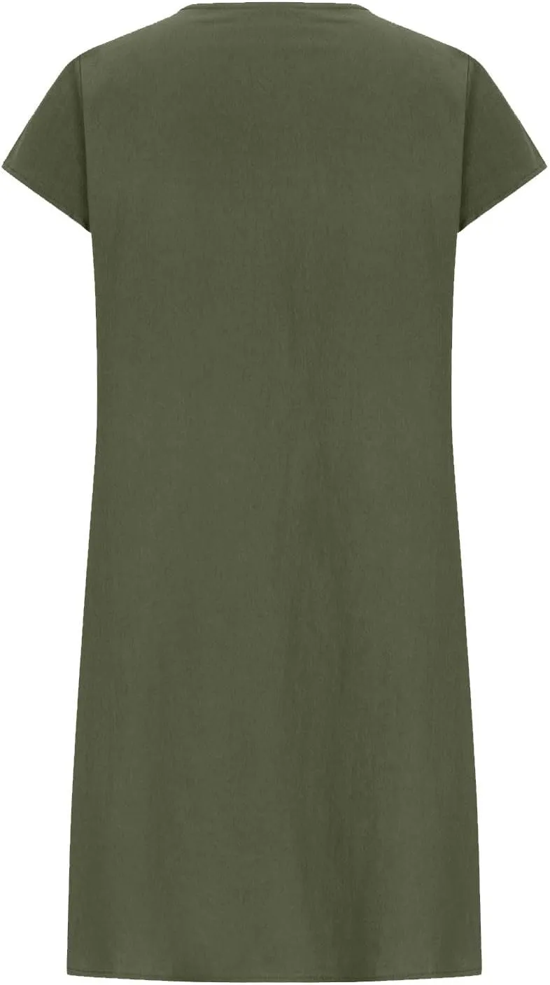 Linen Dress for Women 2024 Pleated Summer Casual Dresses Round Neck Short Sleeve Beach Sundress Vacation Mini Dress