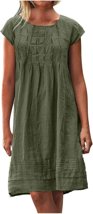 Linen Dress for Women 2024 Pleated Summer Casual Dresses Round Neck Short Sleeve Beach Sundress Vacation Mini Dress