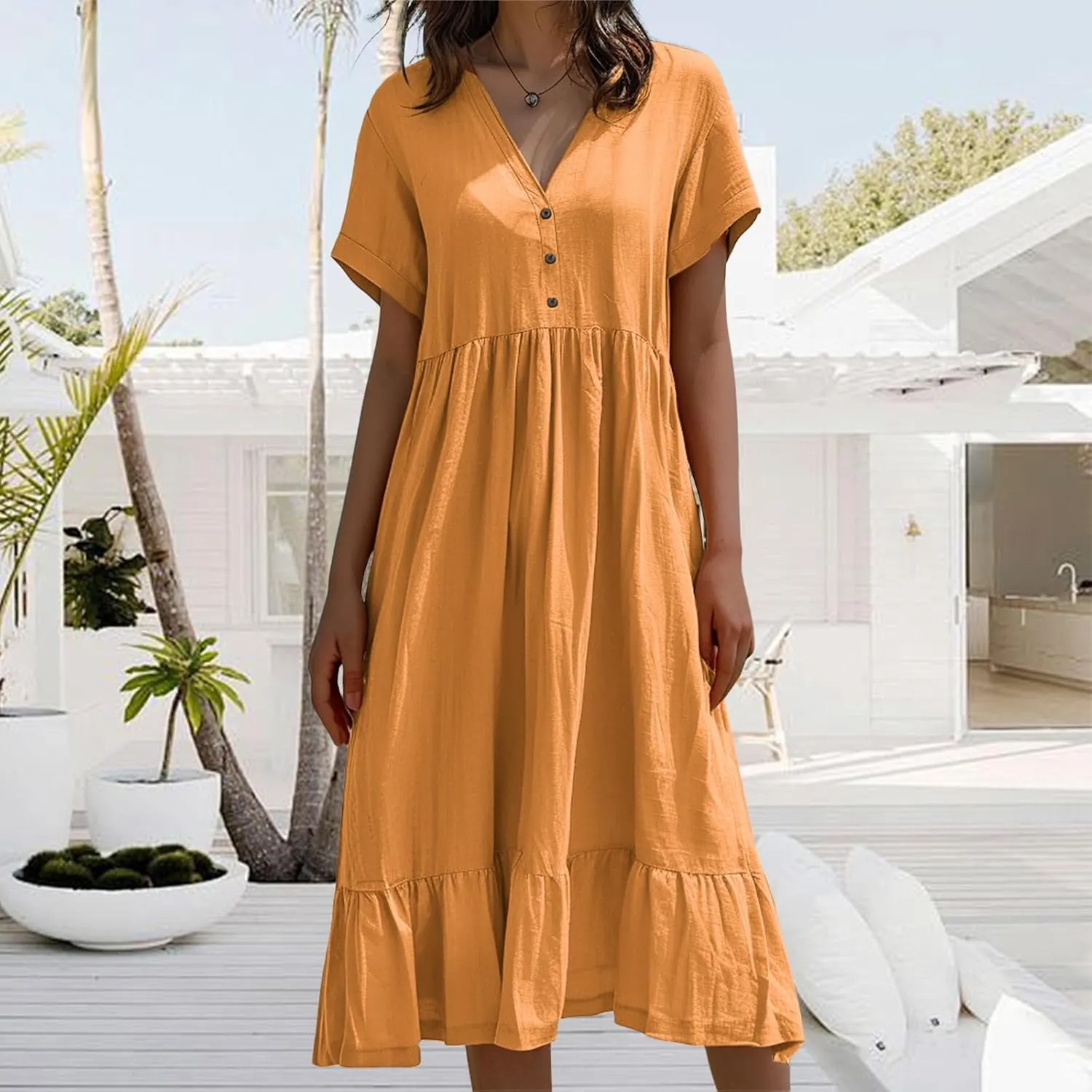 Linen Dress Women Short Sleeve V Neck Midi Dress Ruffle Flowy Beach Vacation Dresses Cute A Line Summer Dresses 2025