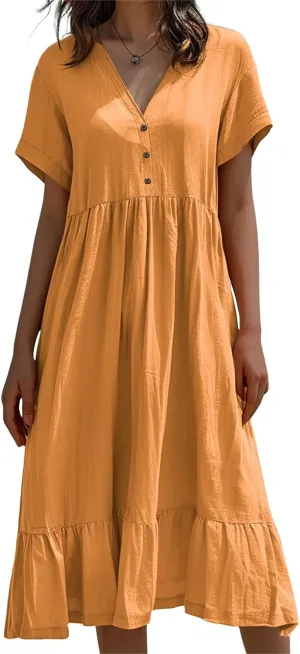 Linen Dress Women Short Sleeve V Neck Midi Dress Ruffle Flowy Beach Vacation Dresses Cute A Line Summer Dresses 2025
