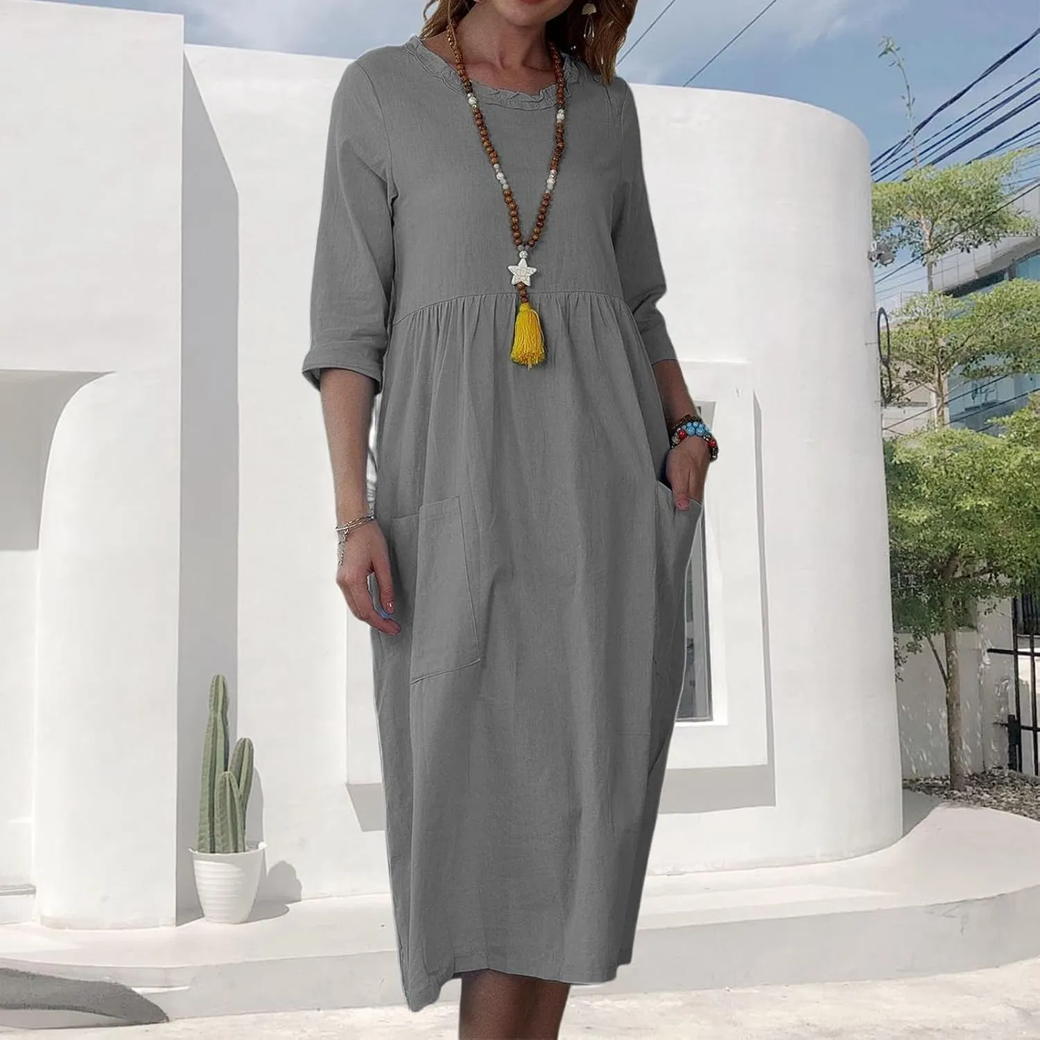 Linen Dresses for Women 2025 Crewneck 3/4 Sleeve Midi Dress Loose Shift Dress Casual Summer Dresses with Pockets