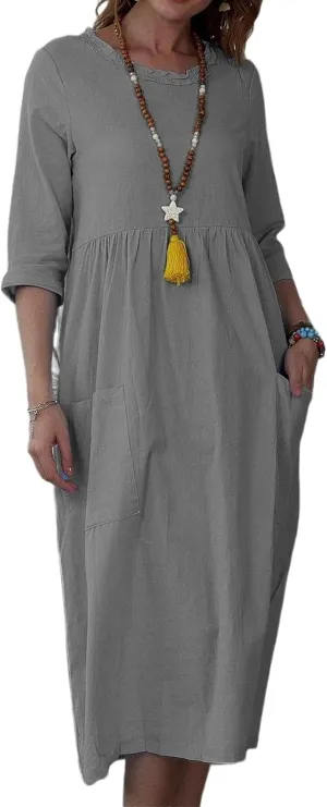 Linen Dresses for Women 2025 Crewneck 3/4 Sleeve Midi Dress Loose Shift Dress Casual Summer Dresses with Pockets