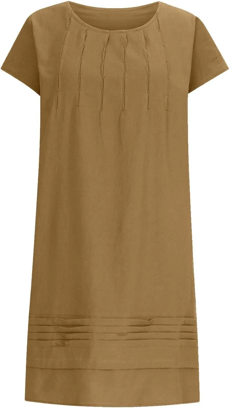 Linen Dresses for Women 2025 Plus Size Cap Sleeve Pleated Summer Dress Vacation Crew Neck Solid Casual Midi Dress