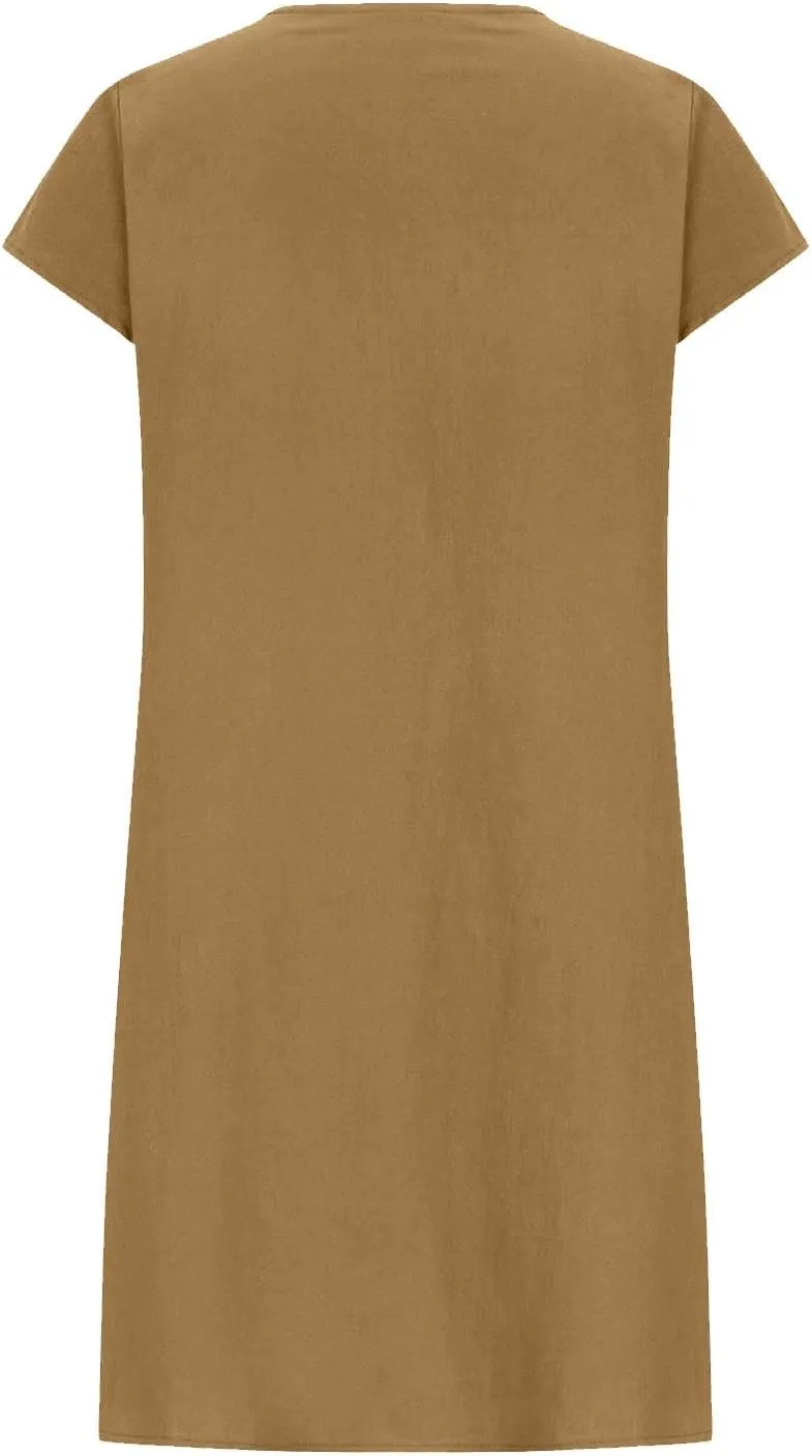 Linen Dresses for Women 2025 Plus Size Cap Sleeve Pleated Summer Dress Vacation Crew Neck Solid Casual Midi Dress
