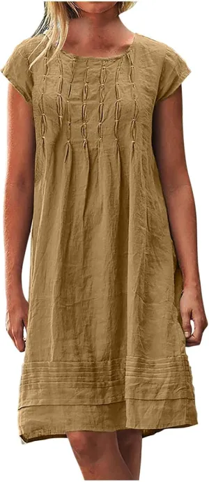 Linen Dresses for Women 2025 Plus Size Cap Sleeve Pleated Summer Dress Vacation Crew Neck Solid Casual Midi Dress