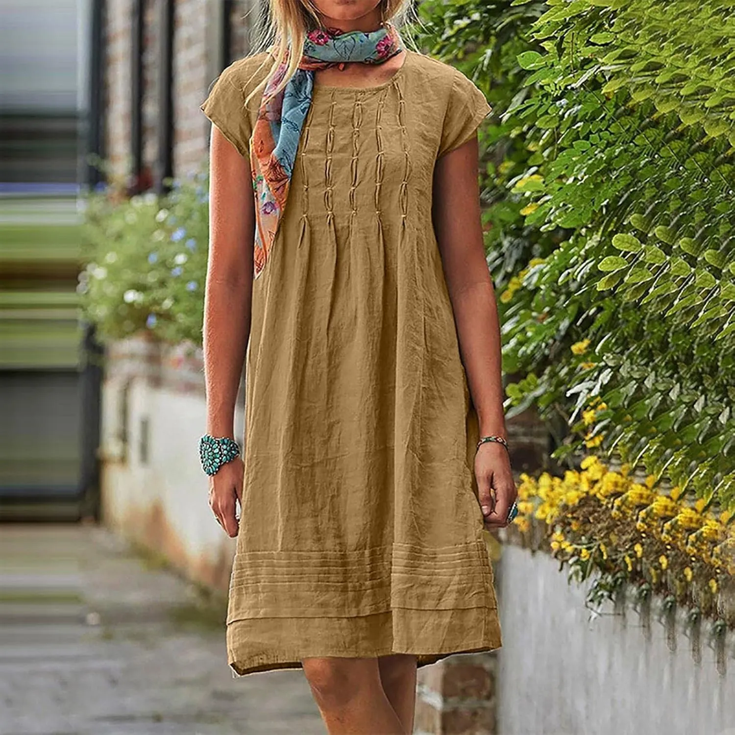 Linen Dresses for Women 2025 Plus Size Cap Sleeve Pleated Summer Dress Vacation Crew Neck Solid Casual Midi Dress