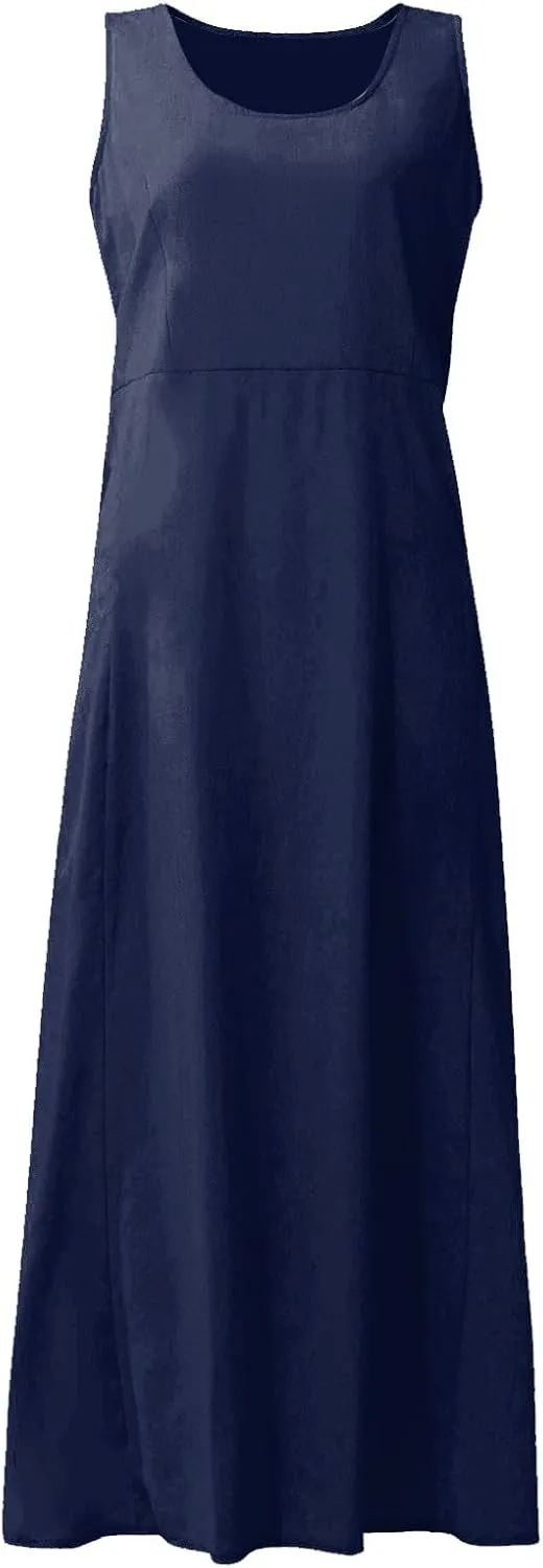 Linen Dresses for Women 2025 Summer Long Dress Sleeveless Elegant Flowy Plus Size Loose Tank Dress with Pockets