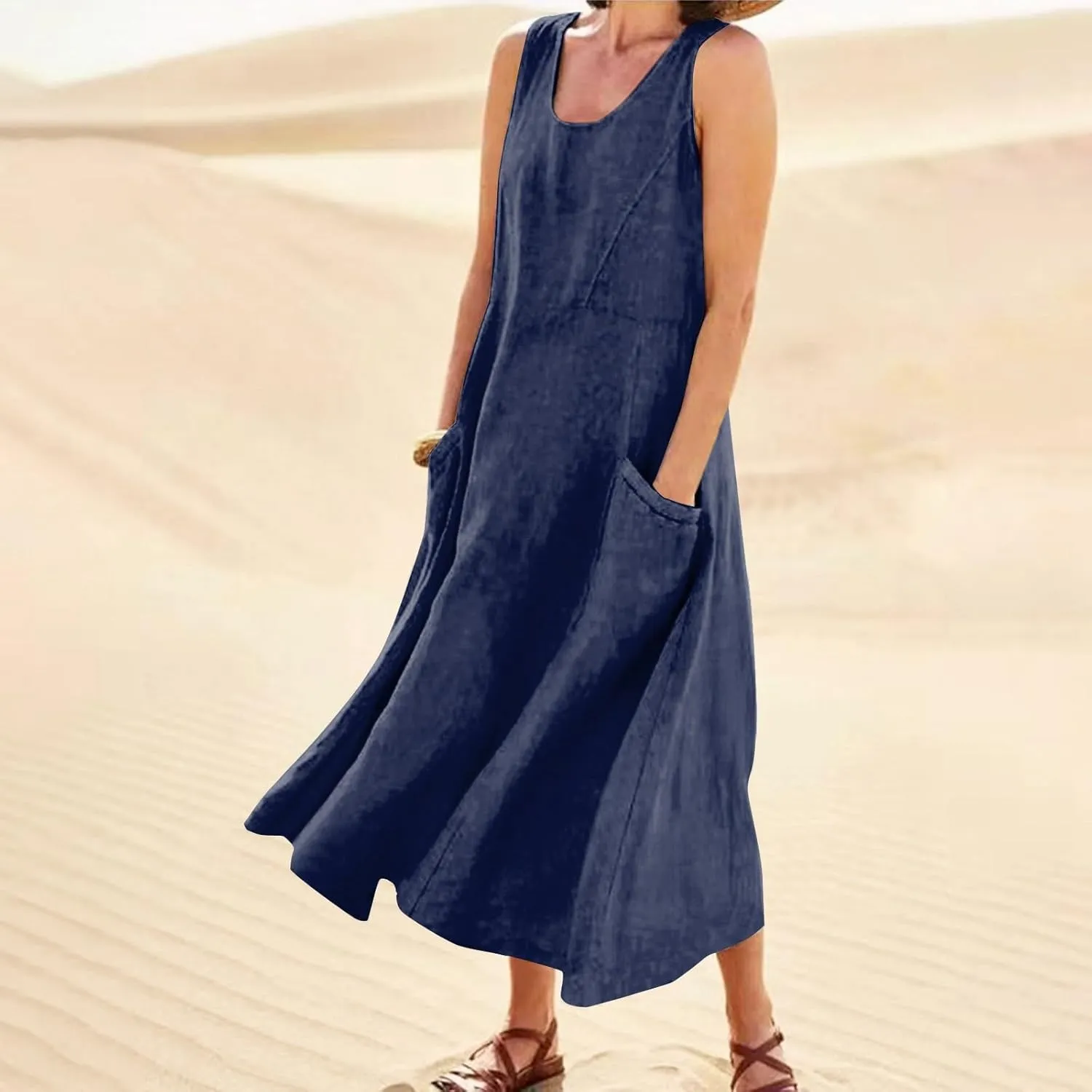 Linen Dresses for Women 2025 Summer Long Dress Sleeveless Elegant Flowy Plus Size Loose Tank Dress with Pockets