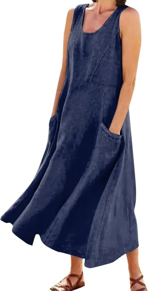 Linen Dresses for Women 2025 Summer Long Dress Sleeveless Elegant Flowy Plus Size Loose Tank Dress with Pockets