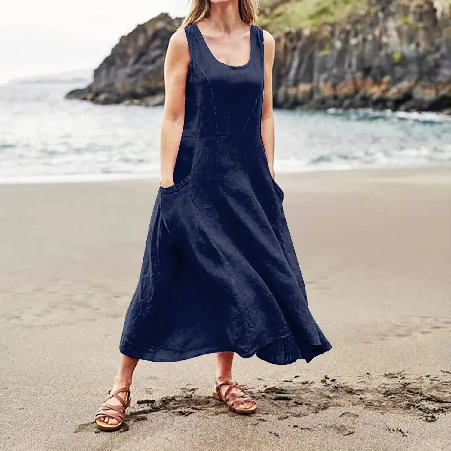 Linen Dresses for Women 2025 Summer Long Dress Sleeveless Elegant Flowy Plus Size Loose Tank Dress with Pockets