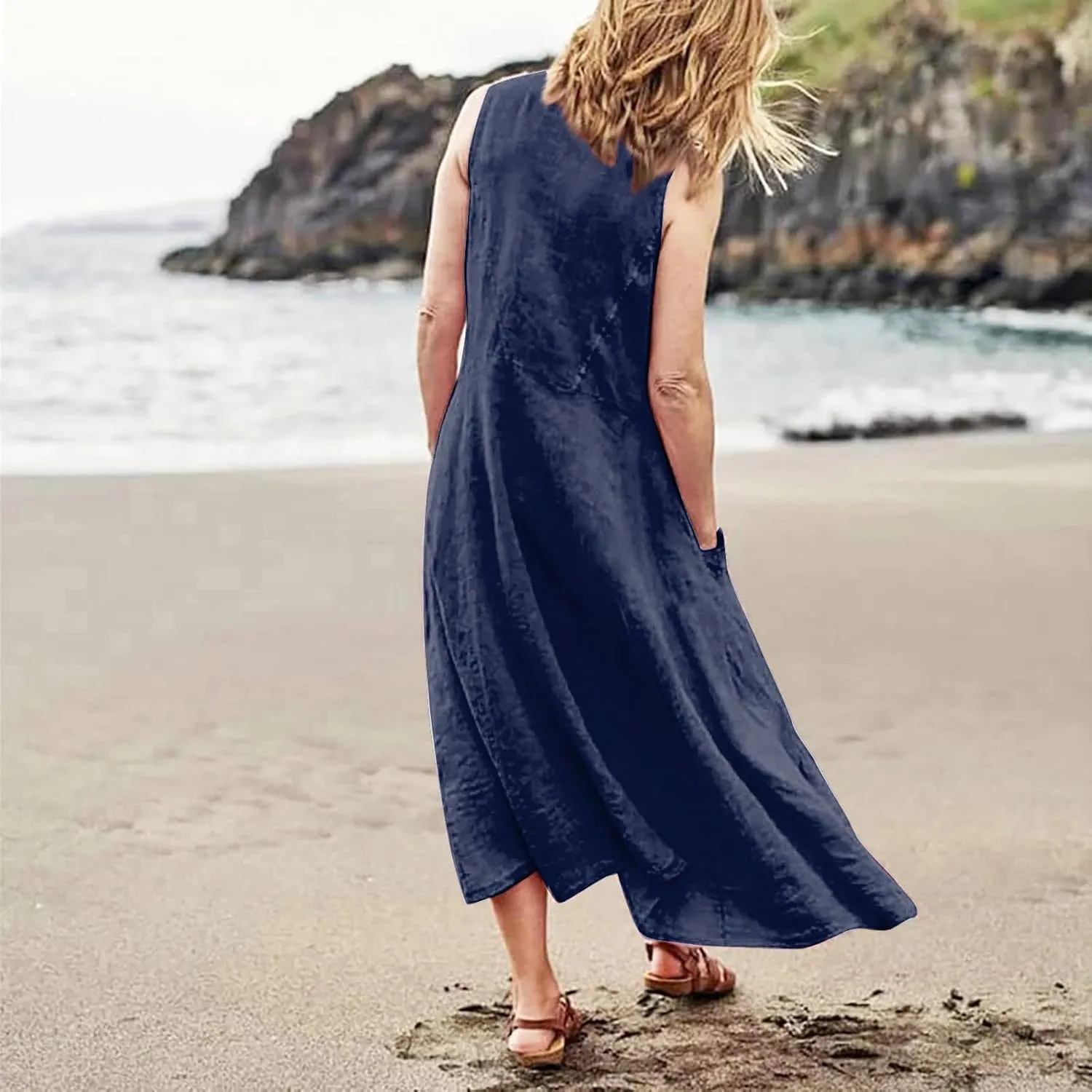 Linen Dresses for Women 2025 Summer Long Dress Sleeveless Elegant Flowy Plus Size Loose Tank Dress with Pockets