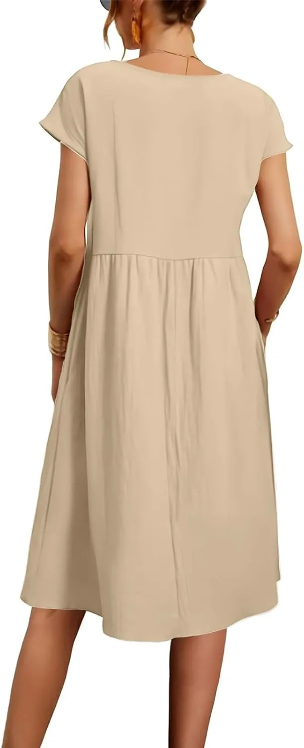 Linen Dresses for Women 2025 Summer Plus Size Short Sleeve Midi Dress Casual Loose Flowy Beach Sundresses with Pockets