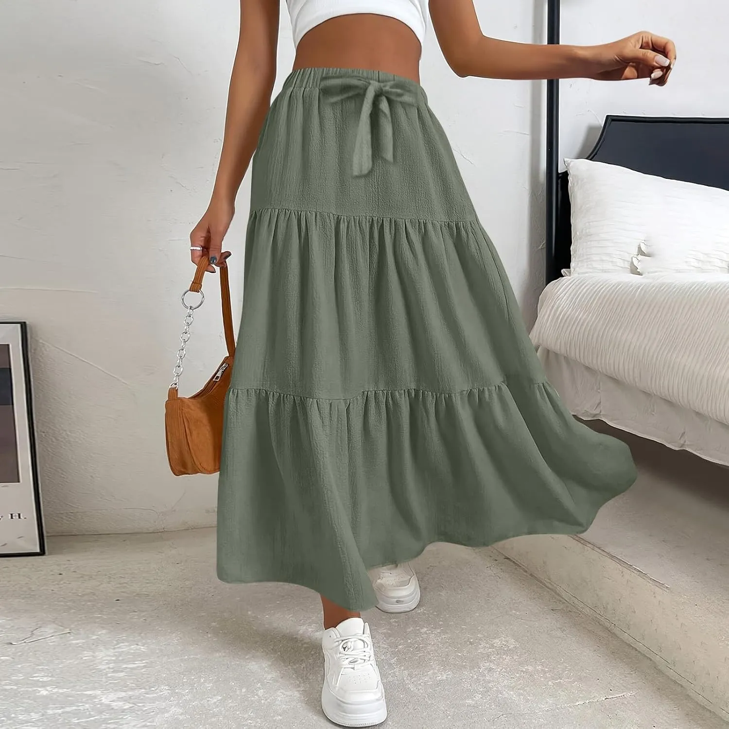 Linen Maxi Skirts for Women 2025 Summer Bow Elastic Waist A Line Tiered Boho Skirt Vacation Beach Long Pleated Skirt